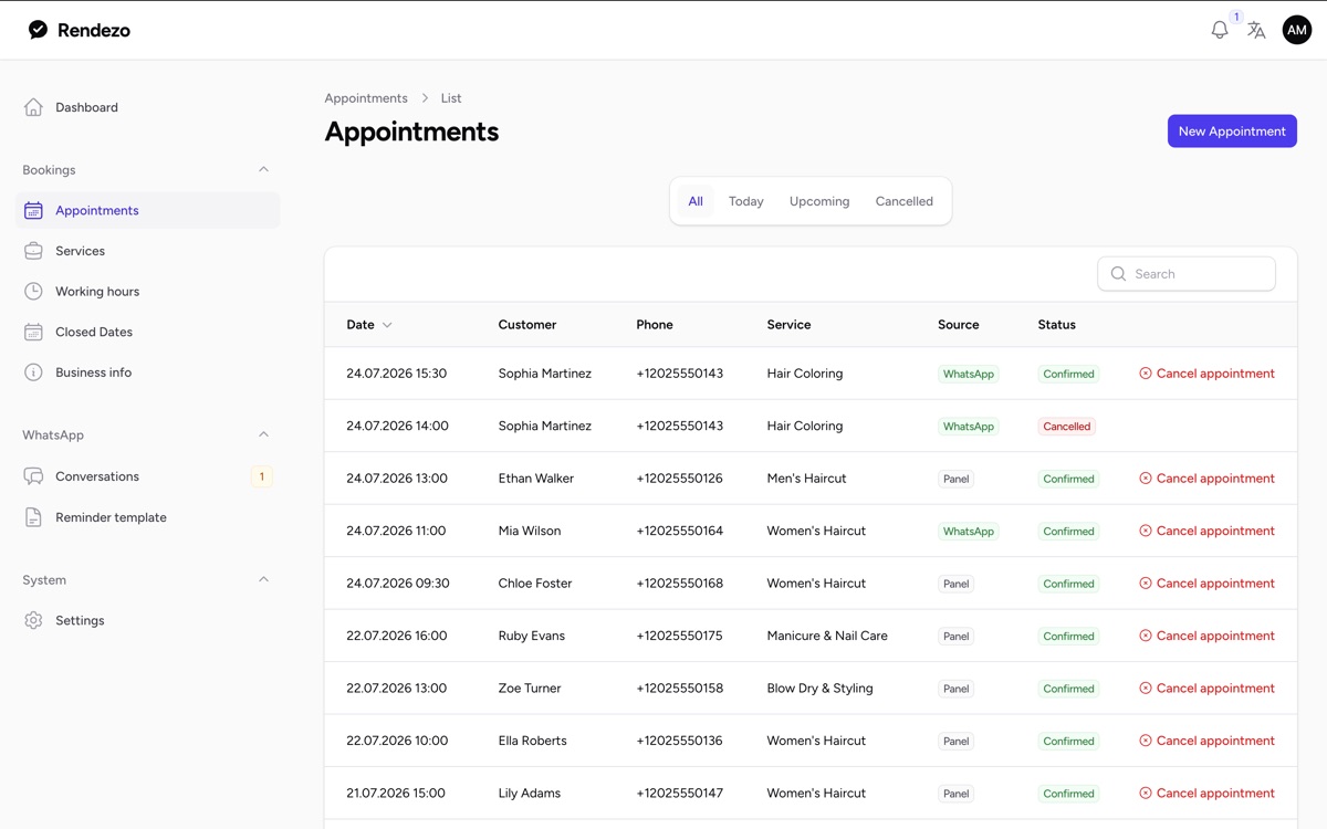 Appointments table in the Rendezo admin panel