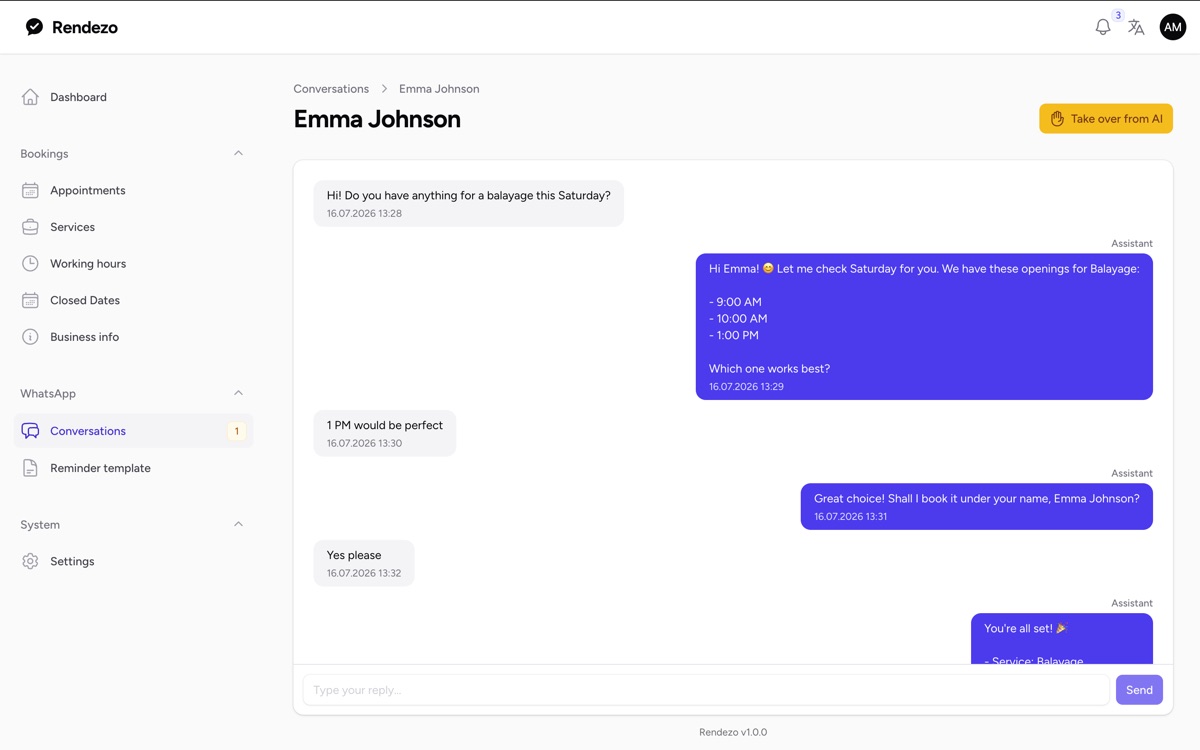 A WhatsApp booking conversation handled by the AI inside the Rendezo panel